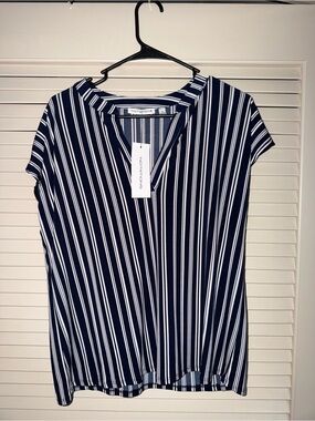 Notations Navy and White Vertical Stripe Short Sleeve Blouse